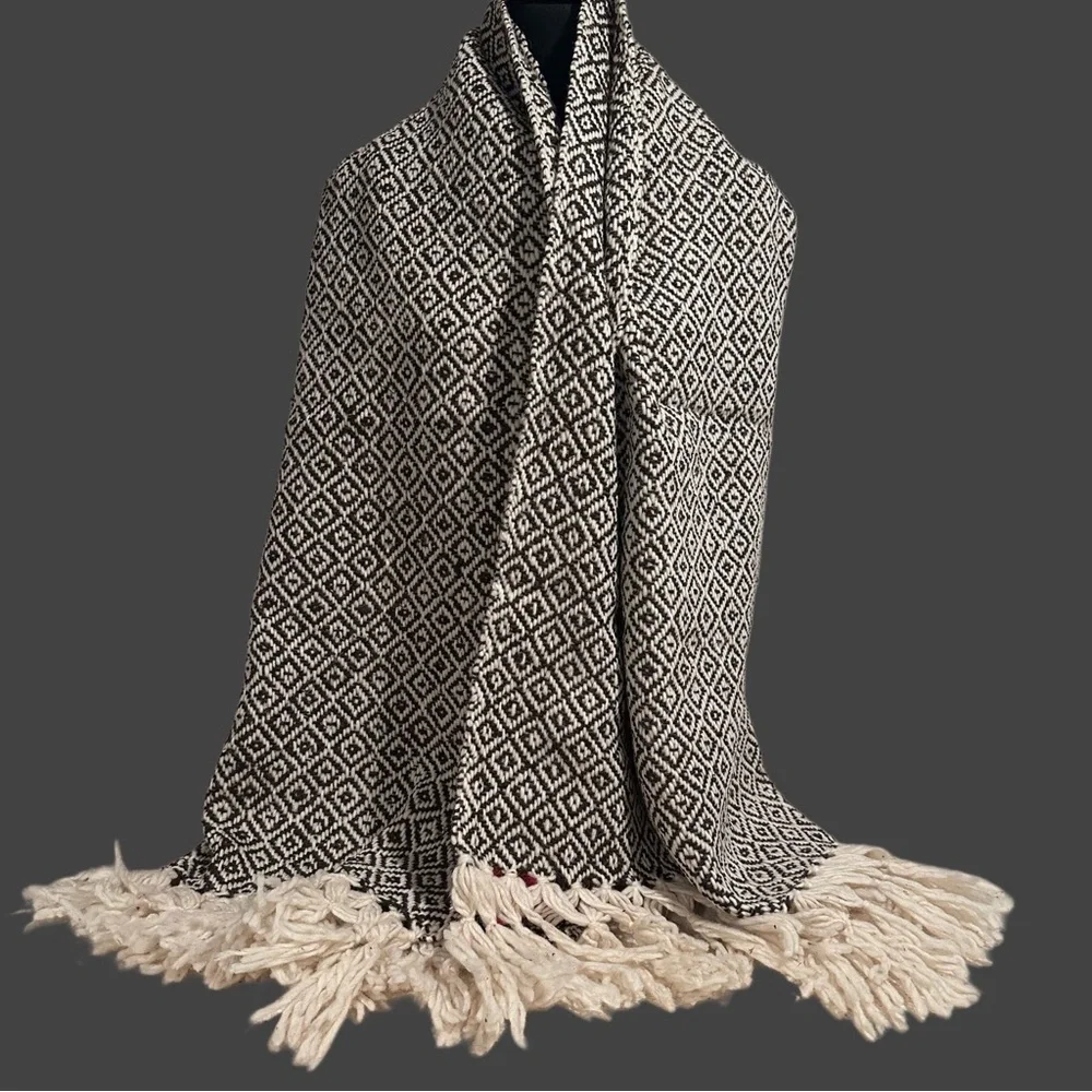 Mexican Rebozo Shawl in Brown on Cream –100% Raw Wool, Thick, Large Winter Wrap